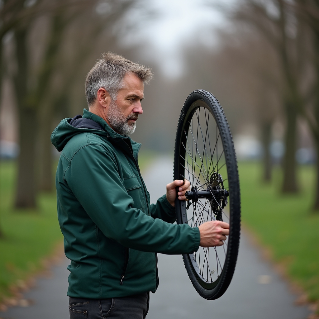 James, field mechanic, adjusting a bicycle wheel outdoors