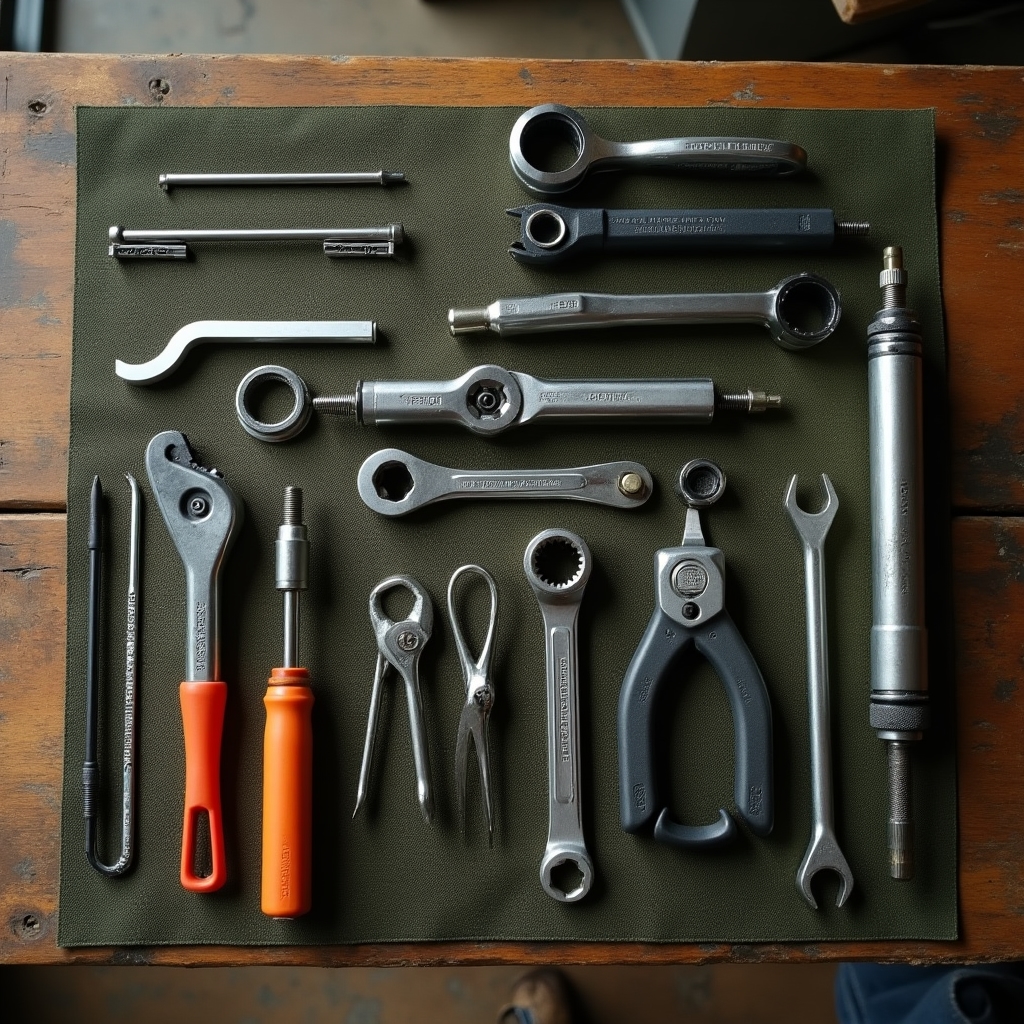 Bicycle repair tools organized on a work mat